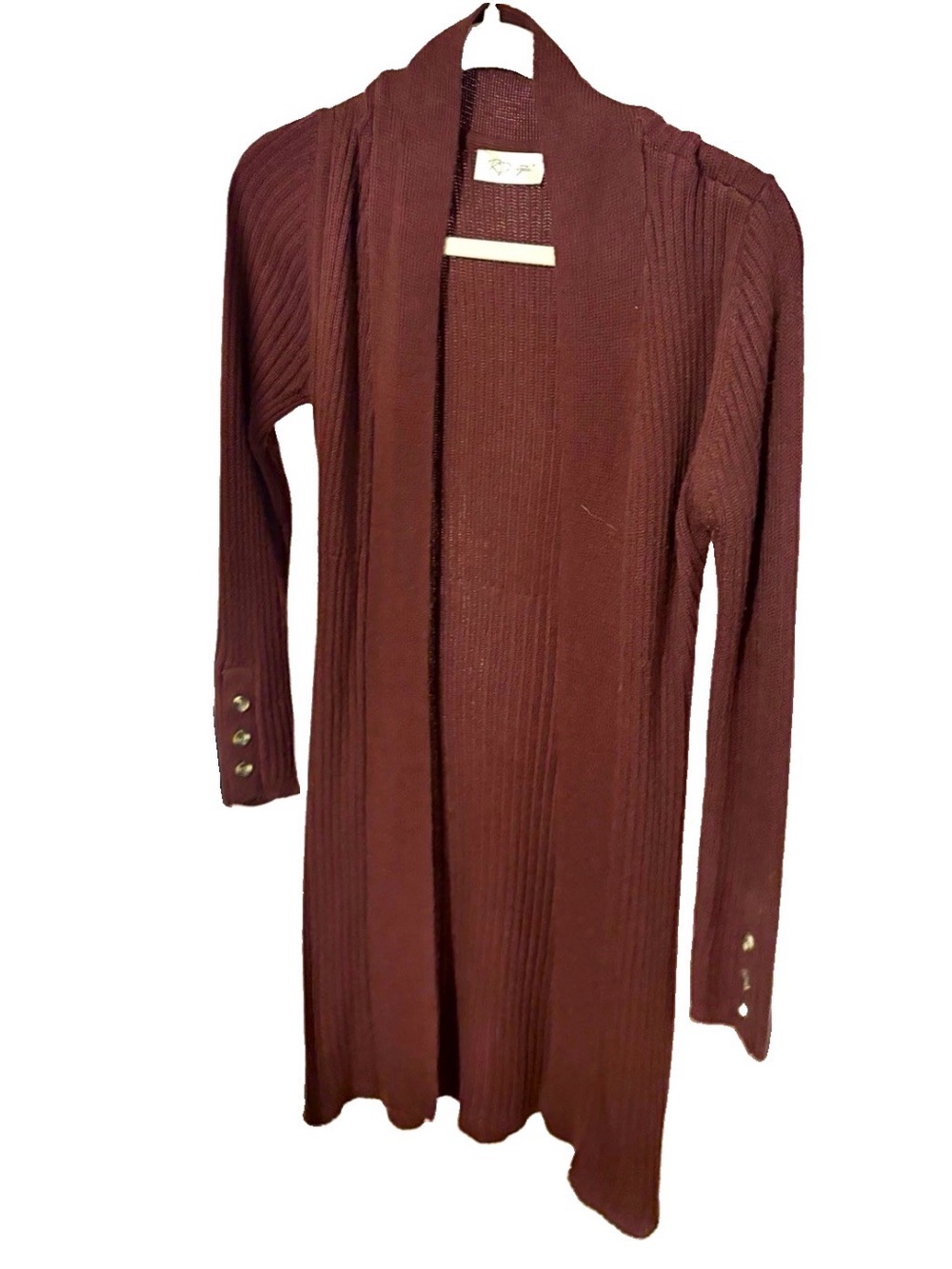 RD Style Ribbed Long Cardigan Duster Burgundy Brown, Button Sleeves, Small